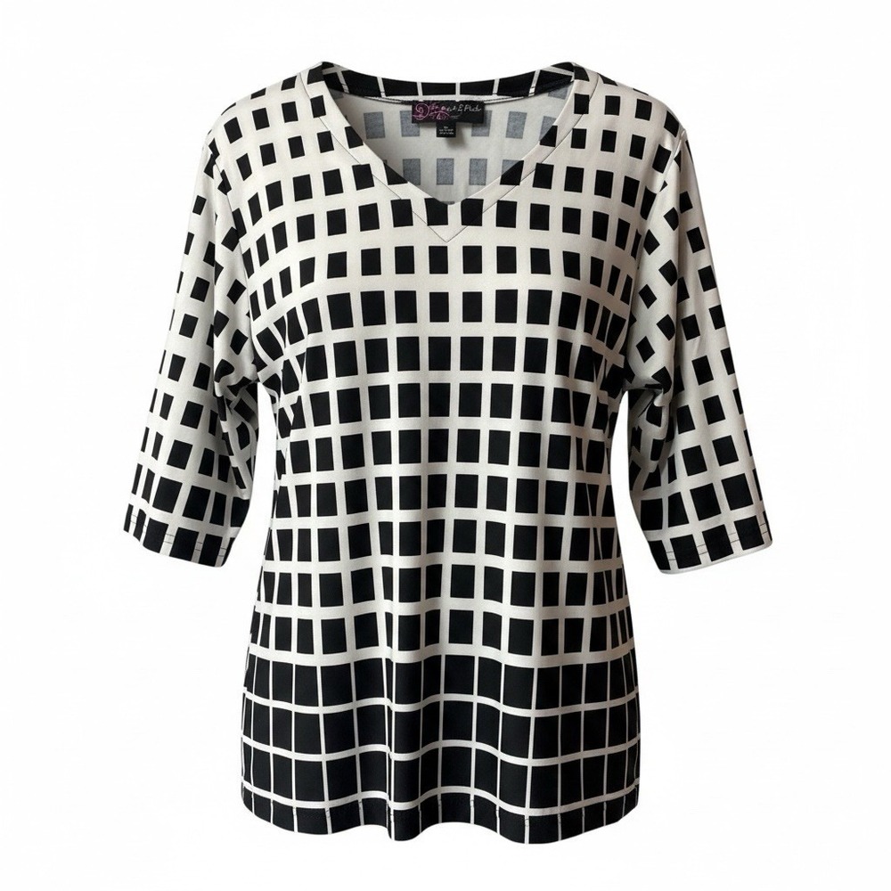 Peck & Peck Blouse Womens M Black White Striped Stretch Knit 3/4 Sleeve V-Neck
